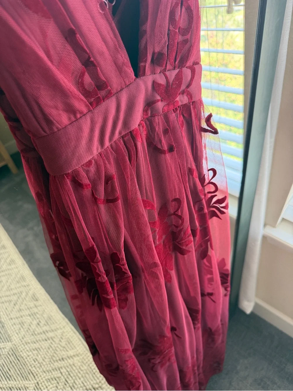 Windsor Burgundy Flocked Velvet Floral Tulle Maxi Gown Dress